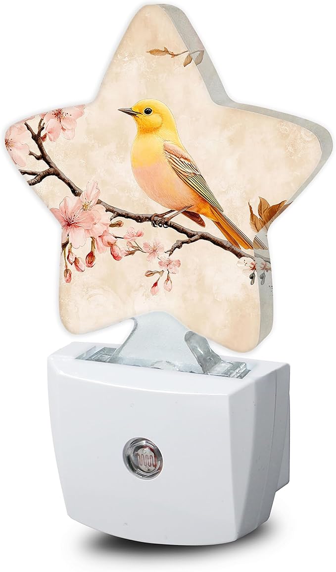 Bird Vintage Nightlight,Pink Cherry Blossoms Star Night Lights Plug into Wall Decorations for Bedroom Bathroom,Dusk to Dawn Sensor Kitchen Hallway Stairs Energy Efficient Desk Lamp