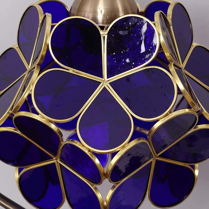 Bieye L10750 Tiffany Style Stained Glass Flower Petal Table Lamp with Brass Base for Home Décor (Blue, 8" Cherry Blossom)