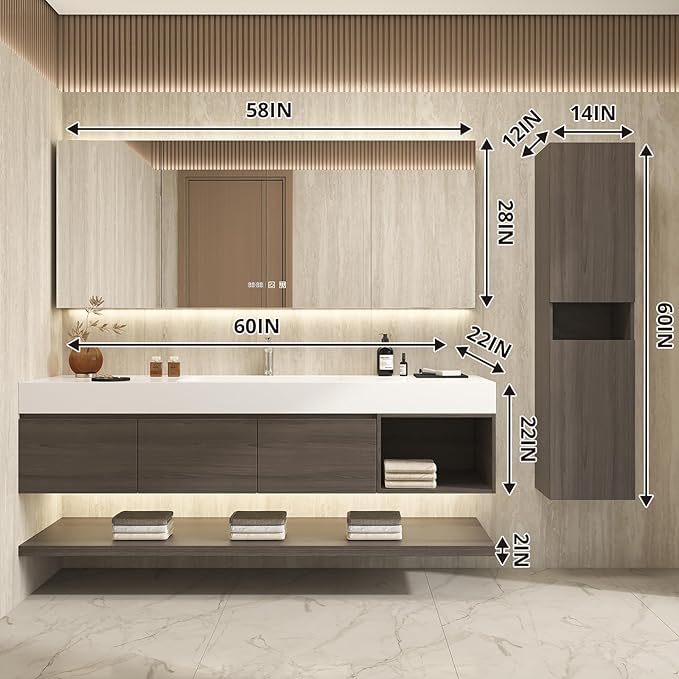 60" Modern Floating Bathroom Vanity Set with Sink, Side Cabinet, LED Smart Mirror Cabinet, 3 Soft-Close Drawers & Open Storage Shelves, Grey Oak