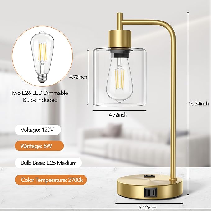 QiMH Set of 2 Industrial Touch Control Table Lamps with 2 USB Ports and 2 AC Outlets, 3-Way Dimmable Bedside Nightstand Reading Lamps with 2700K LED Bulbs, Glass Desk Lamp for Living Room,Bedroom