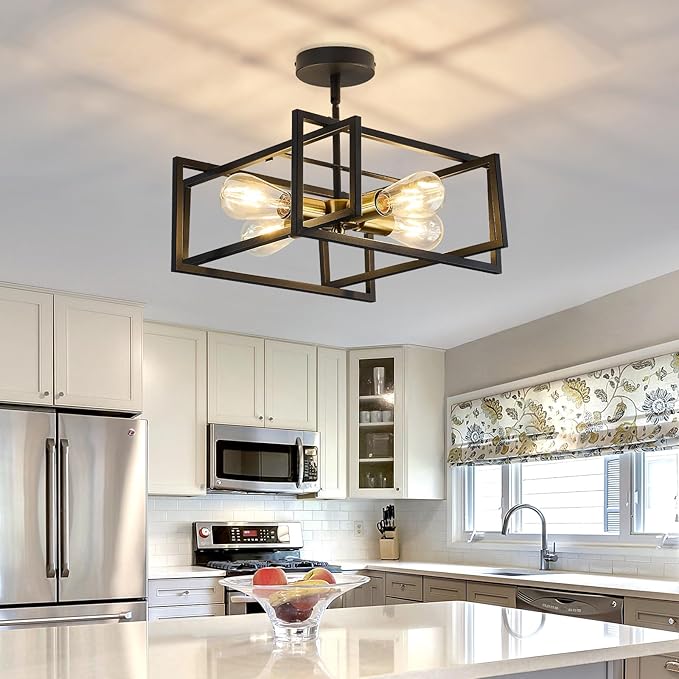 ZGLAOJT 4-Lights Close to Ceiling Light Black and Gold Light Fixture Industrial Flush Mount Ceiling Light Farmhouse Chandelier Lighting for Kitchen Island Dining Room Bedroom Foyer Hallway.
