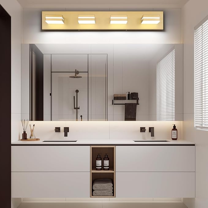 SineRise LED Modern Bathroom Vanity Light Fixtures (4-Light, 30-Inch), Matte Gold Modern Acrylic Bathroom Wall Lighting Fixtures Over Mirror (Cool White 6000K)
