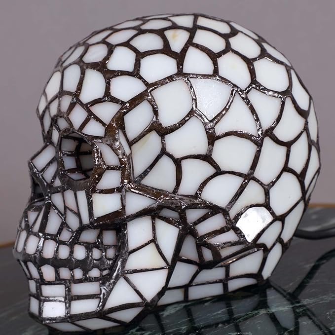 Bieye L10649 Skull Tiffany Style Stained Glass Accent Table Lamp Night Light for Halloween Decor Skull Lovers, White