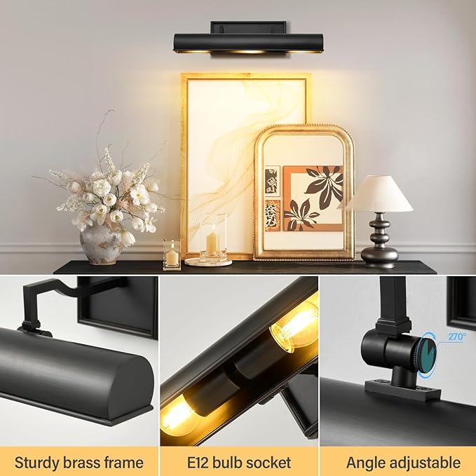 Black Hardwired Art Picture Light: 18 Inch Long Painting Lights - Brass Art Decor Display Wall Sconce Over Painting Frame - Gallery Artwork Lighting Lamps for Museum Portrait Bookcase 3 Bulbs Included