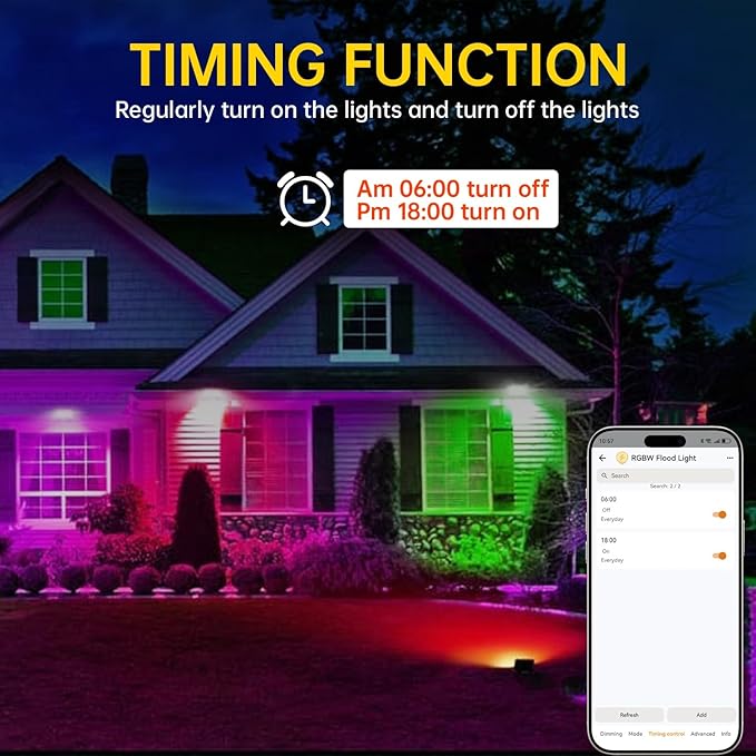 LED Flood Light Outdoor, 50W RGB Color Changing Smart Floodlights 2700K 5000LM Warm White & 16 Million Colors, RGBW Stage Lights with APP Control, 43 Modes, Grouping, Timing, IP66 Waterproof (2 Pack)