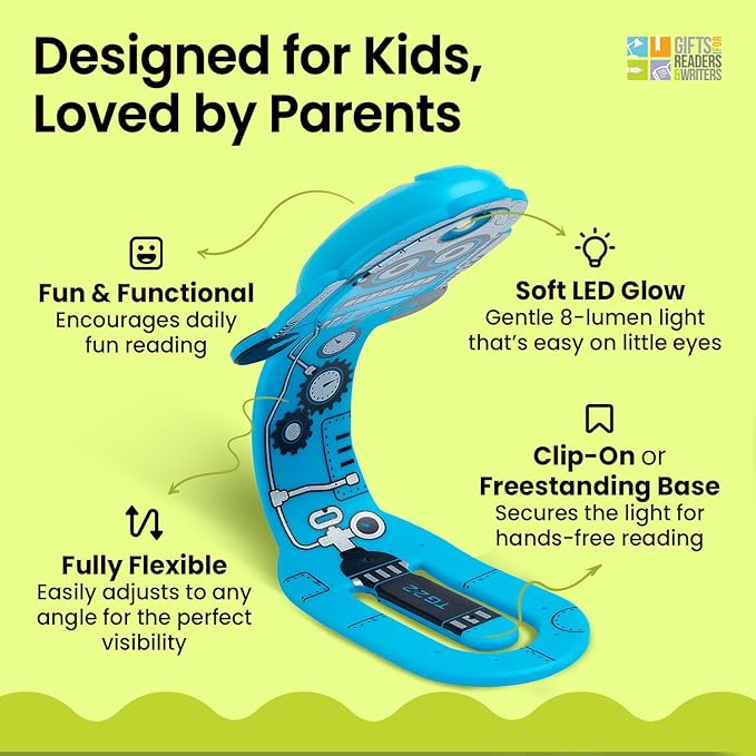 Gifts for Readers & Writers Bookmark Reading Light Robot Blue - 2in1 Clip On Bookmark Kids Light for Reading in Bed, Travel Cute Lights, 8 Lumen LED