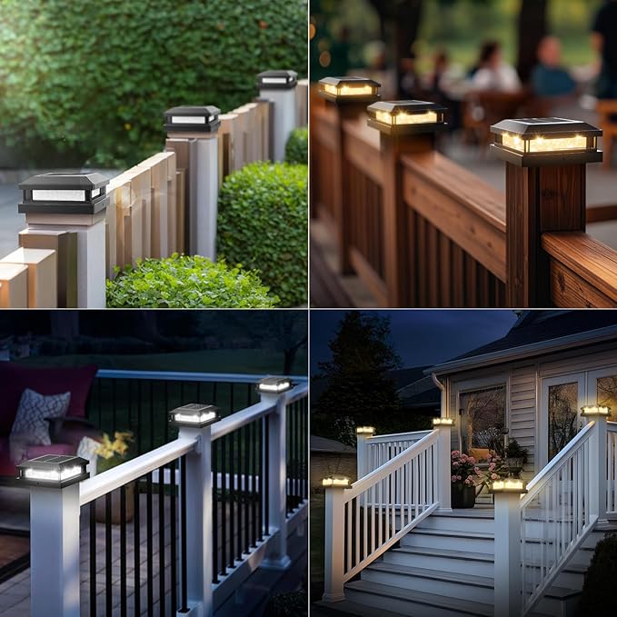 Solar Post Cap Lights Outdoor 8 Packs, Waterproof Solar Powered Deck Light for 4x4 4.5x4.5 5x5 Vinyl/Wooden Posts, Black Outside Warm/Cool Lighting Fence Cap Lights with 16LEDs for Garden, Patio