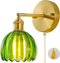 Vintage Wall Sconce 1 Pack, Green Glass Shade Gold Wall Lamp with 12 Inch Cable Switch, Modern Bathroom Wall Sconces for Bedroom Corner Hallway