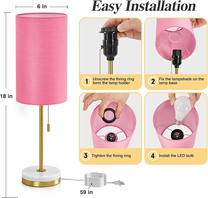Luvkczc Minimalist Table Lamp Set of 2, Nightstand Lamp for Bedroom Living Room, Modern Pull Chain Bedside Lamp with Marble Base, Fabric Shade, Small Desk Lamp for Home, Office, Reading,Pink