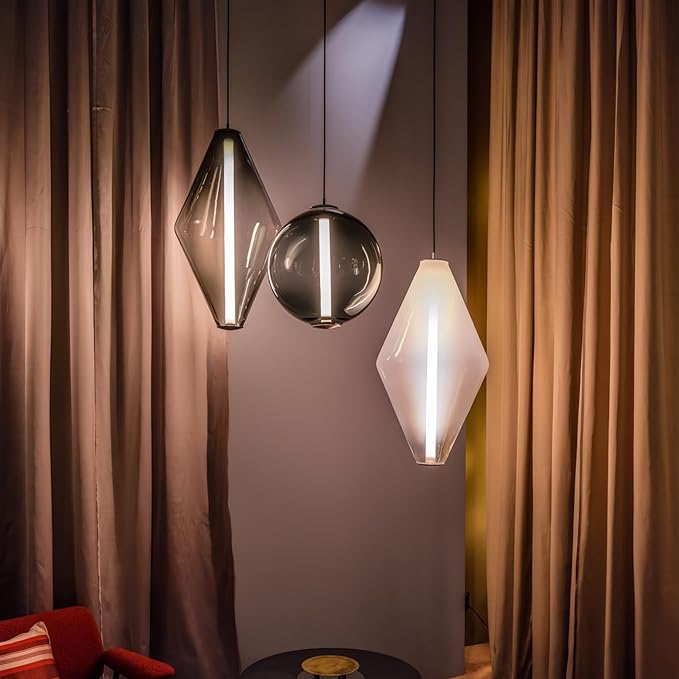 RUIBO Simplicity Double Cone LED Pendant Light,Nordic Gradient Gray Glass Hanging Lamp,Bedside Lamp,for Bar Bedroom Loft Living Room Dining Table Light Fixture (L25 H47cm)