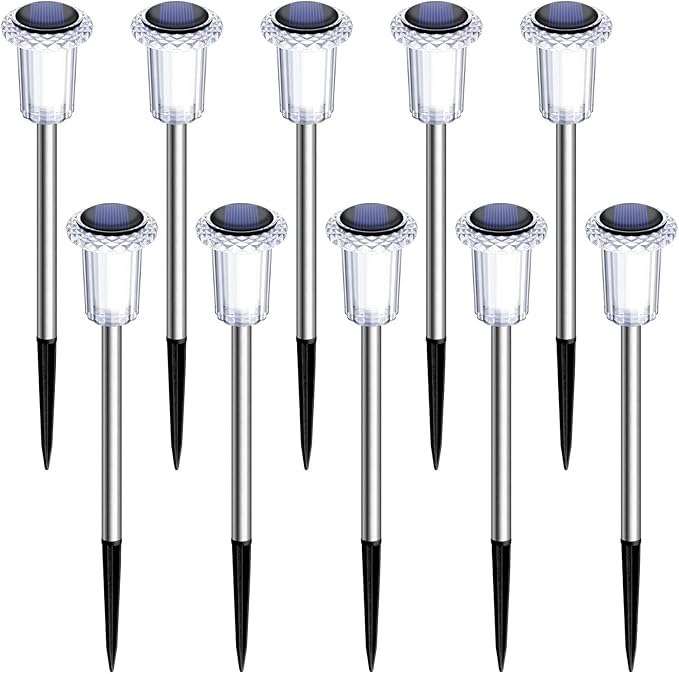 DenicMic Solar Lights Outdoor 10 Pack Waterproof Christmas Lights Outdoor 3000K Warm White LED Stainless Steel Stake for Landscape Lighting Path Walkway Sidewalk Backyard Patio Decor