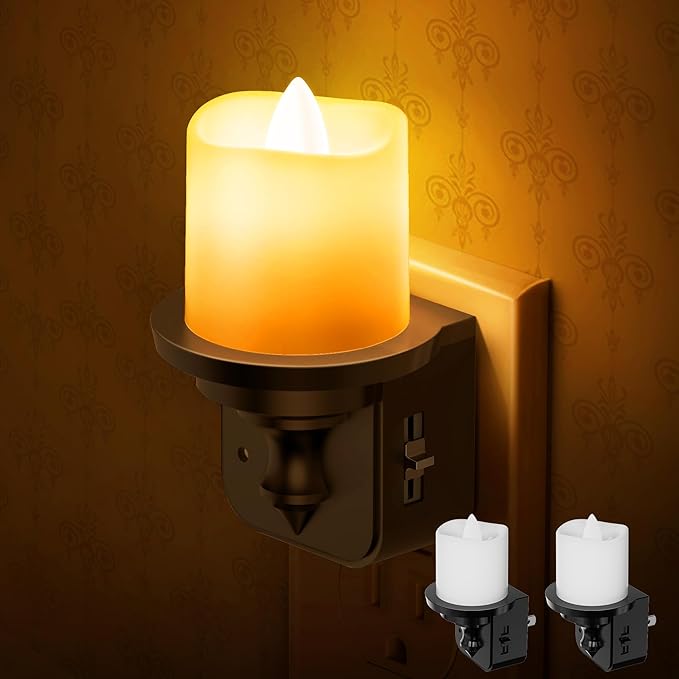 Briignite Flameless Candle Night Lights, Amber Plug-in 2 Pack, LED Candle with Light Sensor, 0-100LM Dimmable, Kids Hallway Bathroom Nightlight