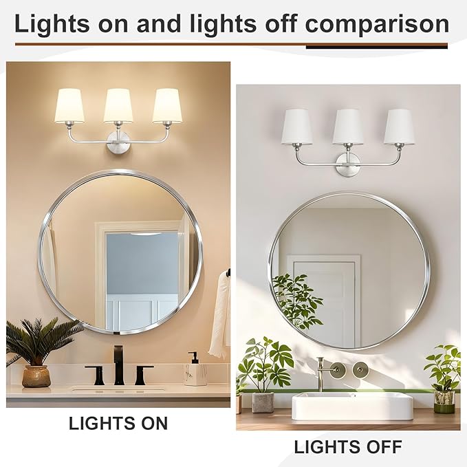 Brushed Nickel Bathroom Light Fixtures,3-Light Vanity Lights,Bathroom Lighting Fixtures Over Mirror with Flared White Fabric Shade,Modern Wall Sconce for Mirror Hallway Bedroom Living Room(ETL Listed)