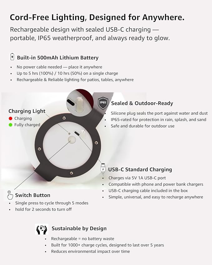 Cordless Lamp for Patio Decor,Patio Lights Outdoor Waterproof IP65,Rechargable 500mAh Li-ion Battery Outdoor Patio Lights,Unique Outdoor Lamp with Ambient Lighting, Table Decor,Charcoal