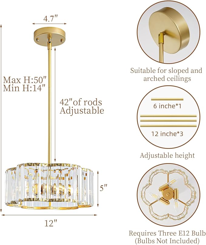 Small Gold Crystal Chandelier,3-Ligh Modern Dining Room Light Fixture Over Table,Round Kitchen Hallway Lighting Fixture, Semi Flush Mount Ceiling Pendant Light for Entryway Foyer， 12''