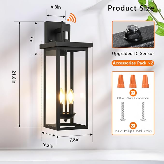tewei 22 Inch Large Outdoor Wall Lights, Dusk to Dawn Outdoor Lighting Fixtures Black Modern Porch Light Outdoor Wall Sconce Lantern, Outside Lights for House Garage, 1 Pack