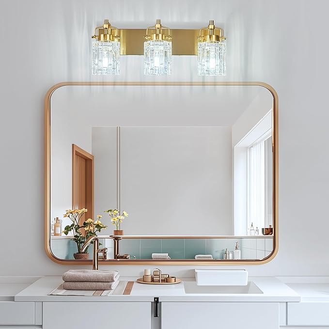 Modern 3-Light Vanity Light with Crystal Glass Shade - Gold Bathroom Light Fixture