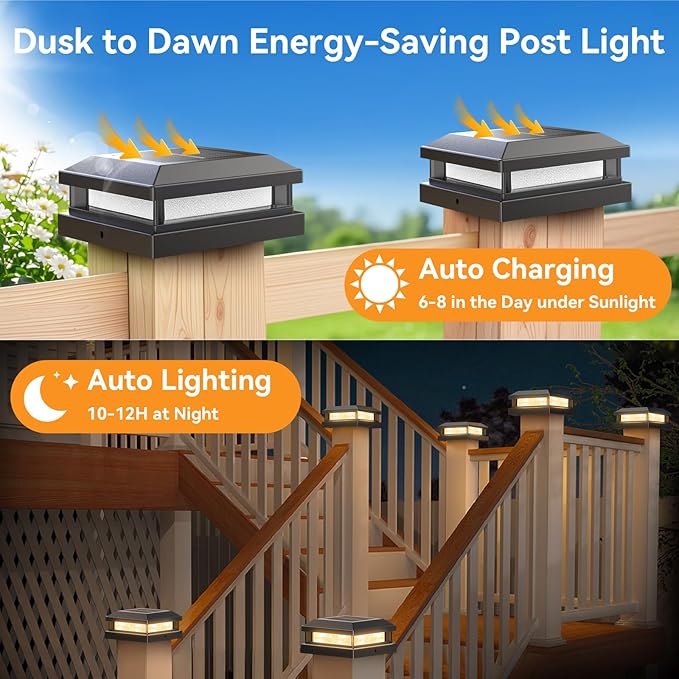 Solar Light Outdoor 4 Packs, Waterproof Solar Powered Post Cap Light for 4x4 4.5x4.5 5x5 Vinyl/Wooden Post with Warm/Cool Lighting, Black 16LEDs Deck Cap Lights for Outside, Garden, Patio, Porch
