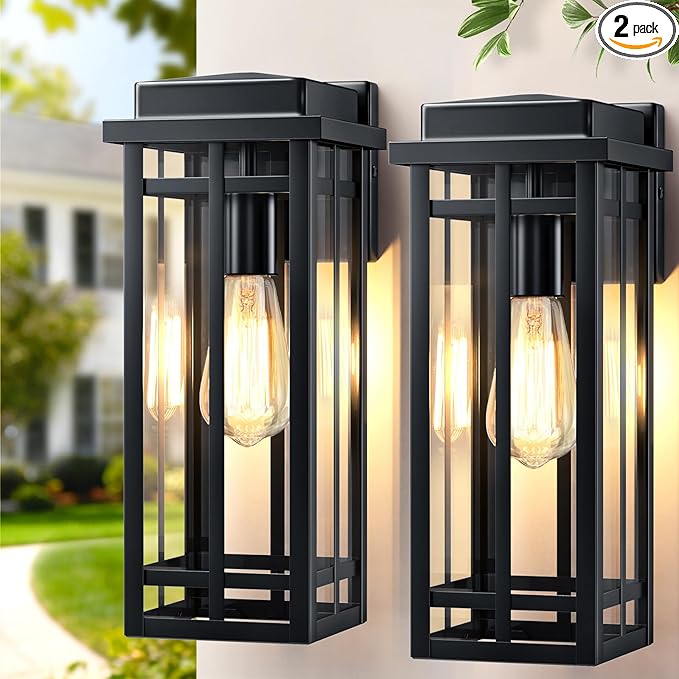 13.8'' Outdoor Wall Light Fixtures 2 Packs, Black Porch Lights Outdoor Lighting for House, Exterior Lighting Fixtures Wall Lanterns, Waterproof Modern Outside Sconce Lights for Patio Garage(No Sensor)