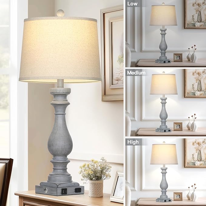 29" Tall Farmhouse Table Lamp for Living Room Set of 2,Vintage Retro Nightstand Lamps with USB C+A Ports & AC Outlet,3-Way Dimmable Touch Bedside Lamp for Bedroom Side Table,Light Grey