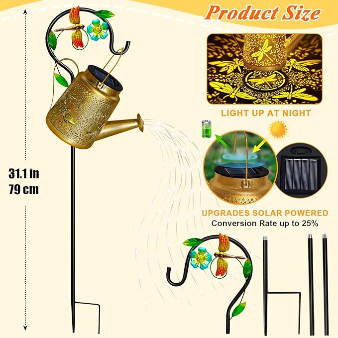 Christma Gifts Dragonfly Solar Watering Can Lights, Outdoor Waterproof Outdoor Lantern with Shepherd Hook, Solar Garden Decor for Yard Outside, Mothers Day Gifts Gift for Women Mom Grandma