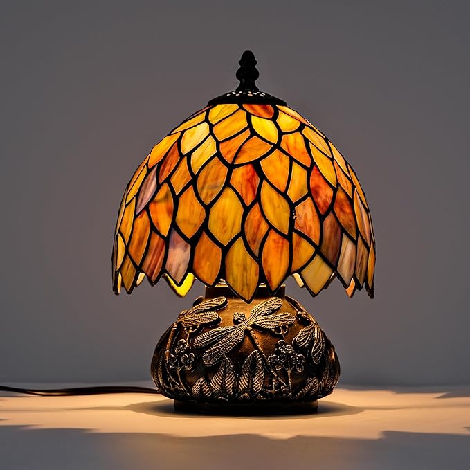 Tiffany Style Table Lamp, Stained Glass Gradient Green Wisteria Desk Lamp with Antique Bronze Dragonfly Resin Base, Vintage Accent Light for Bedroom Living Room 8x11 Inch (Green Wisteria)