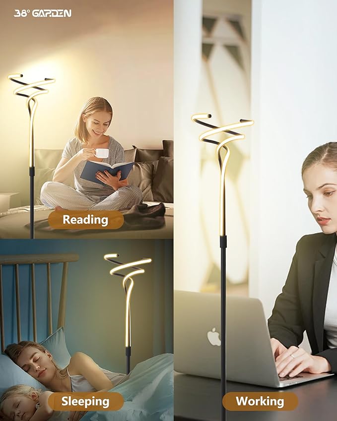 LED Floor Lamp Remote Control, 67'' Modern Spiral Floor Lamps for Living Room 3 Color Temperature 40W Black Dimmable Tall Standing Light Arched Bright Unique Indoor Corner Lamps