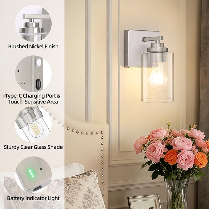 Rechargeable Wall Sconces, Dimmable Battery Operated LED Wall Lights Set of Two with Remote, E26 Base, Clear Glass Shade, Auto Timer, Modern Wireless Brushed Nickel Wall Lamps for Bedroom Living Room