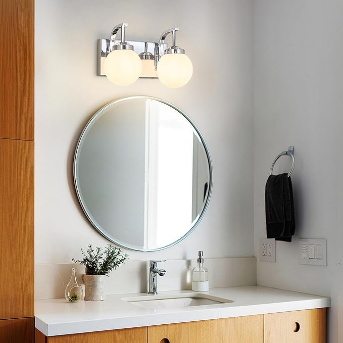 Modern 2 Lights Vanity Light Over Mirror Bathroom Vanity Light Fixtures Chrome Wall Sconce with Milk Glass Vanity Light for Bathroom Lighting