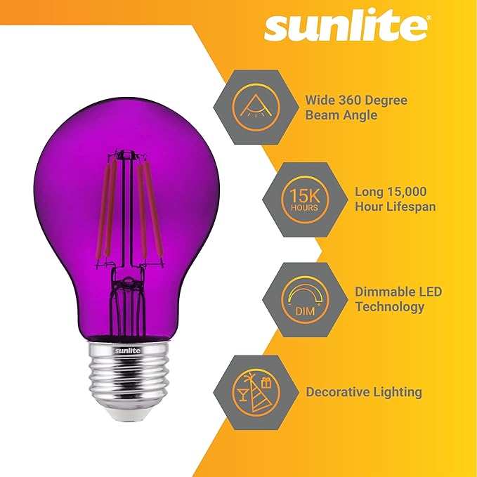 Sunlite 40945 LED Colored Filament A19 Light Bulb, 4.5 Watts, Medium E26 Base, 120 Volts, Transparent Purple, Dimmable, 320 Degree Beam Angle, UL Listed, 6 Count