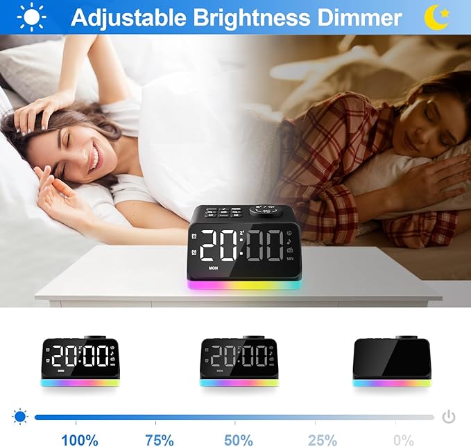 JALL Digital Alarm Clock with FM Radio for Bedroom, 8 Colors Night Light with Charging Port, Sleep Sound Machines with Timer, Dual Alarm (Black with RGB Font)