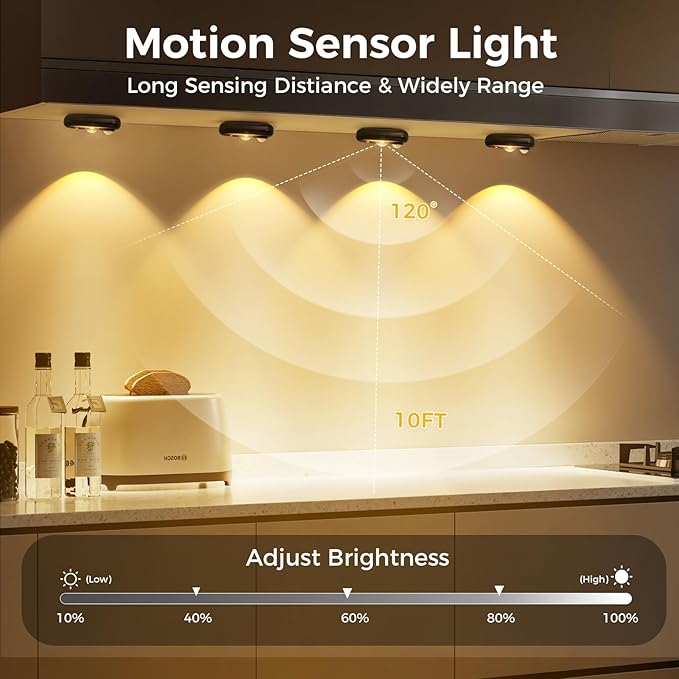 LED Motion Sensor Puck Lights, Small Rechargeable Under Cabinet Light, Dimmable Warm White Closet Lights, Wireless Under Cabinet Lighting for Drawer, Kitchen (4 Pack)