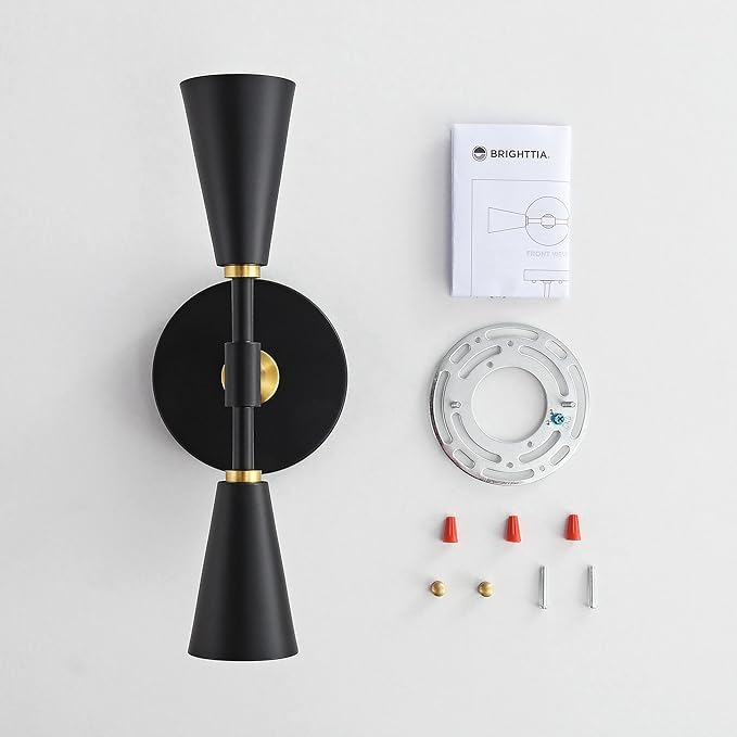 BRIGHTTIA Vicky 2 Light Cone Socket Wall Sconce - Mid Century Modern Fixture for Wall & Ceiling - Minimalist Edison Lamp for Hallway and Bathroom Vanity - Black & Gold (BW0027-2BG)