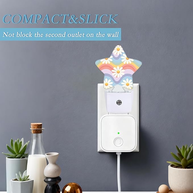 Groovy Hippie Daisies Flowers Night Light,Retro Rainbow Wavy Floral Plug-in Dusk to Dawn Smart Sensor Nightlight for Bathroom Bedroom Hallway Kitchen Stairs Energy Efficient Decor Desk Lamp