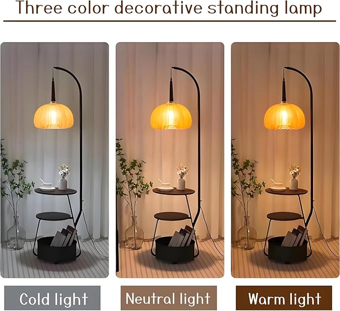 Bofea-Modern Arc Floor Lamp with Table & Shelves,Vintage Floor Lamps for Living Room,Mid Century Tall Standing Lamp with Walnut Shade,Adjustment Height Corner Lights for Bedroom Study Office