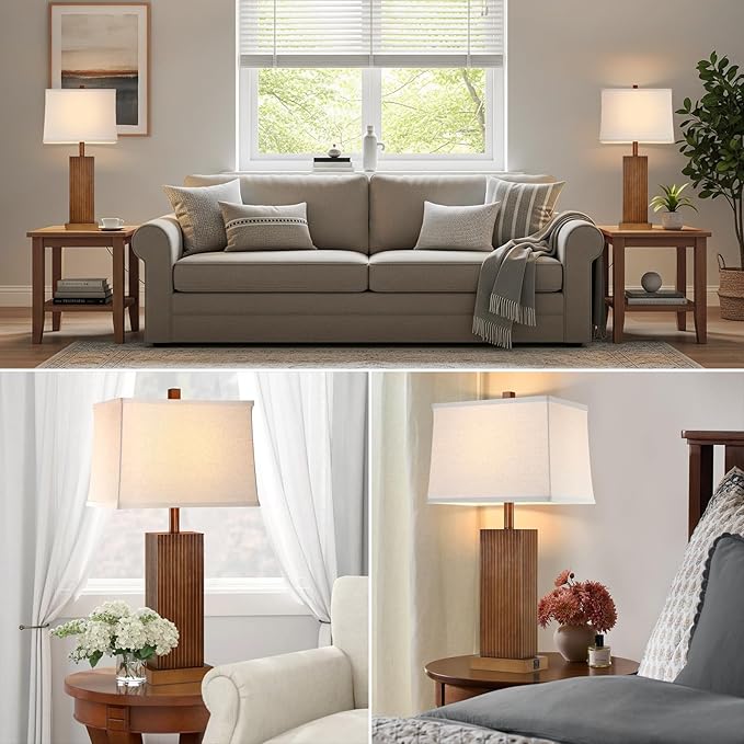 27.5" Wood Table Lamps Set of 2, Modern Farmhouse Bedroom Lamp for Nightstand with USB Charging Port, Natural Wooden Base Table Lamp for Living Room Bedroom, Bulbs Included (Walnut Wood)