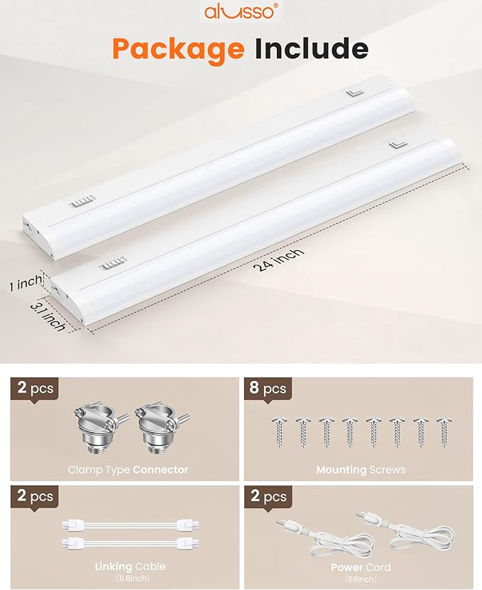 ALUSSO LIGHTING® 24 Inch LED Under Cabinet Lighting Hardwired & Plug in, 5CCT Color Selectable 2700K-5000K Dimmable 15W 1350LM High Brightness, Linkable Strip Under Counter Lights for Kitchen, 2 Pack
