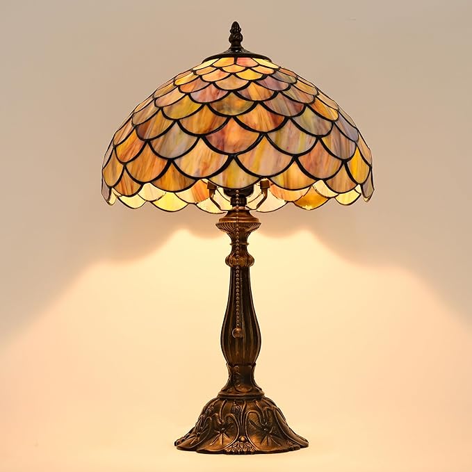 Tiffany Style Table Lamp Vintage Stained Glass Desk Lamp Mable Gradient Green Fish Scales Bedside Reading Light Decor Bedroom Living Room Home Office D12 xH18 (Green Fish Scales)