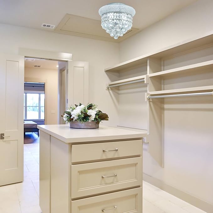 3 - Light Flush Mount Crystal Chandelier for Bathroom Hallway Entryway Closet Bedroom Laundry Chrome Finish