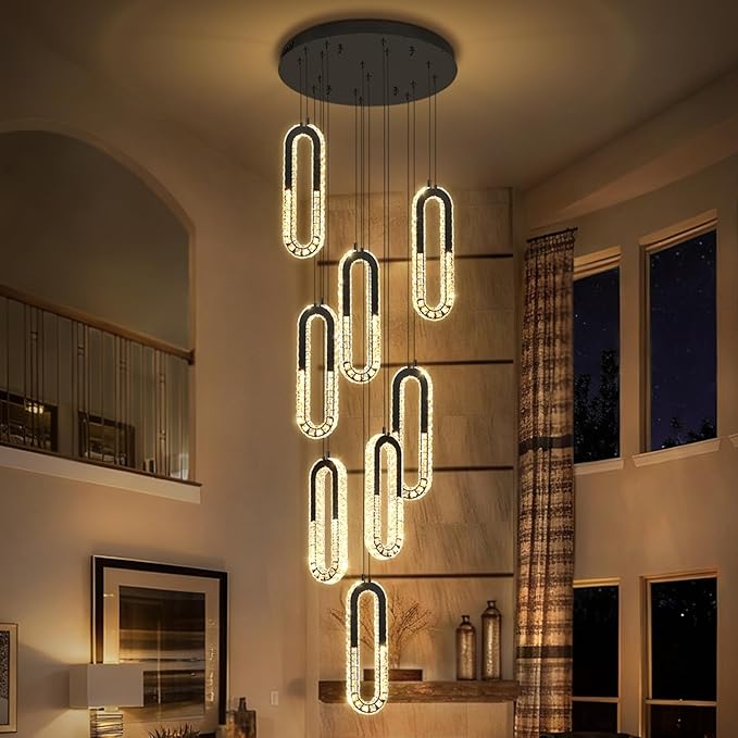 Modern Led Black Chandelier Adjustable 8 Rings Crystal Chandelier for Foyer Stairwell Crystal High Ceiling Pendant Light Dimmable 2700K-6000K