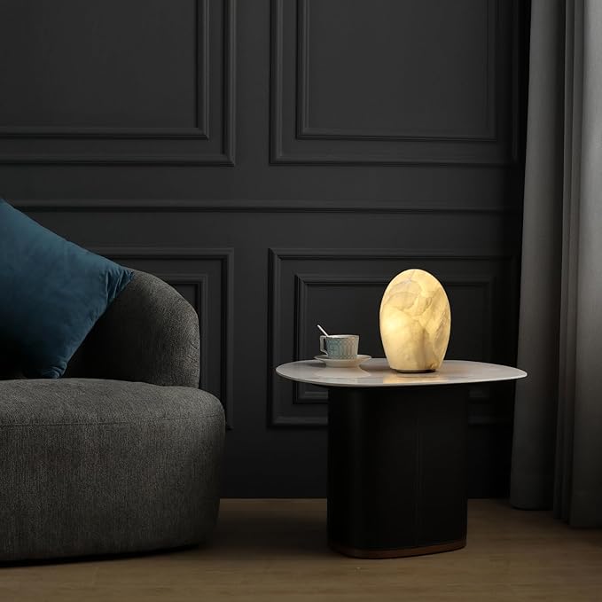 Natural Calcite Stone Lamp – Handcrafted from Solid Crystal Stone, Dimmable Bedside Accent Light, Unique One-of-a-Kind Texture, Small Cylinder Table Lamp for Bedroom