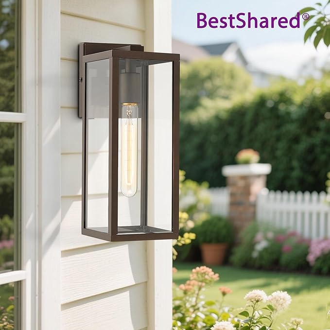 Bestshared Outdoor Wall Lantern, Anti-Rust Outdoor Wall Sconce Light Fixtures, Front Door Mount Light, Exterior Lighting Fixture, Porch Lamp with Clear Glass (Oil Rubbed Bronze, 2 Pack)