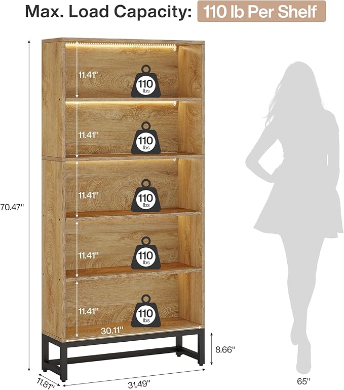 Tribesigns Tall Bookcase and Bookshelf, 70.8" Large Bookcases Organizer with LED Lights, Heavy Duty Free-Standing Library Bookshelf with 5-Tier Storage Shelves for Living Room, Bedroom (Brown)