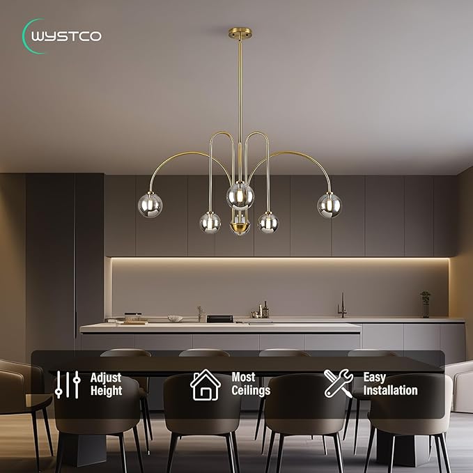 Modern Sputnik Globe Chandelier, 6-Light Brass Gold Linear Chandeliers for Dining Room and Kitchen Island, Mid Century Light Fixture Over Table, (Smoke Grey Glass Bubble Shades, 40 Inch)