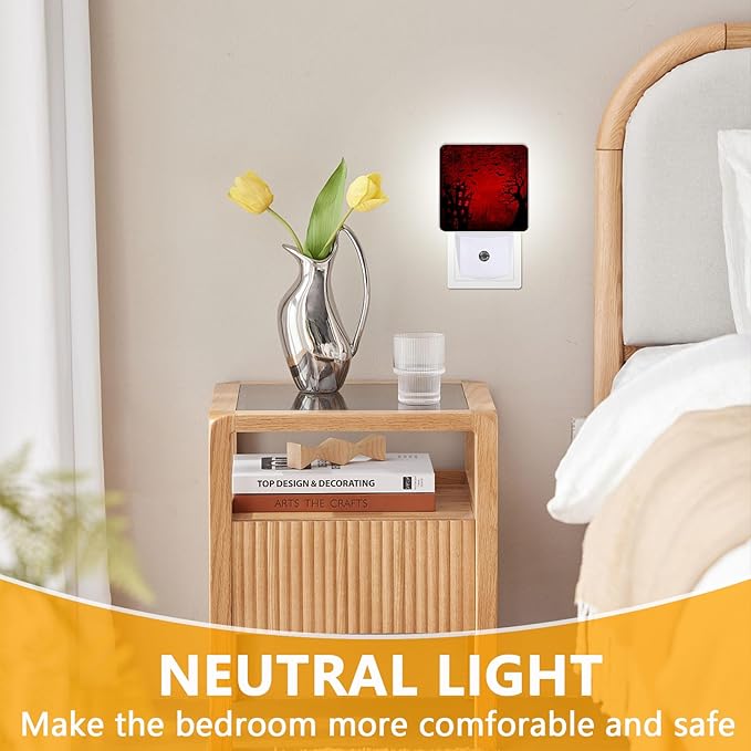 Halloween Night Light, Plug-into Red Black Red Black Bats Spider Ghost Nightlight White LED Lamp, Energy Efficient Decor Desk Lamp for Bedroom Hallway Stairs Bathroom