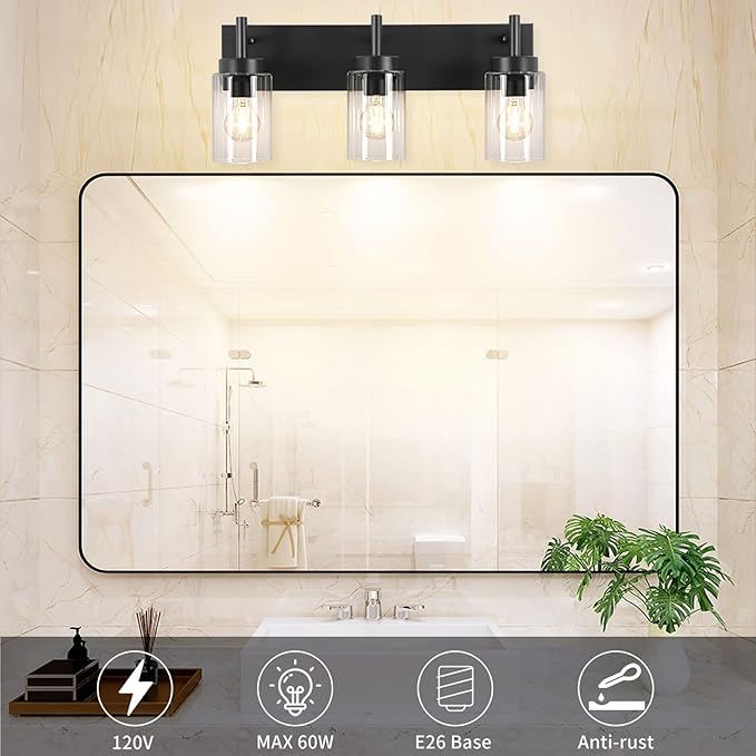DLLT Wall Light Fixture, Vintage Bathroom Vanity Light with 3 Clear Glass Shade, Wall Sconces Lamp for Powder Room, Hallway, Kitchen, Mirror, Laundry Room (E26 Base)
