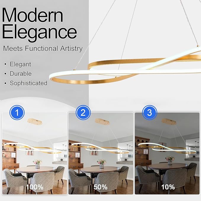 Gold Modern Chandelier for Dining Room,Creative Modern Led Pendant Light for Kitchen Island Lighting Dimmable 39.73" Twist Design Modern Led Chandelier 3000K-6500K Adjustable Color Temperature