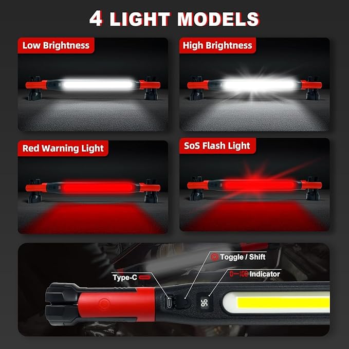 Magnetic Work Light 3000 Lumens, Rechargeable LED Flood Light with 180° Rotating Head & 360° Hooks, IP65 Waterproof Shatterproof Portable Spotlight for Camping, Emergency, Car Repair, Jobsite (2)