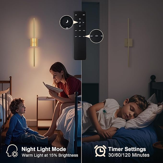 Removable Battery Operated Wall Sconces with Remote Control, Stepless Colors 3000K-6000K & Dimming, 350°Rotate, LED Gold Wireless Wall Light for Living Room, Bedroom, 32.2 Inch (2 Pack)