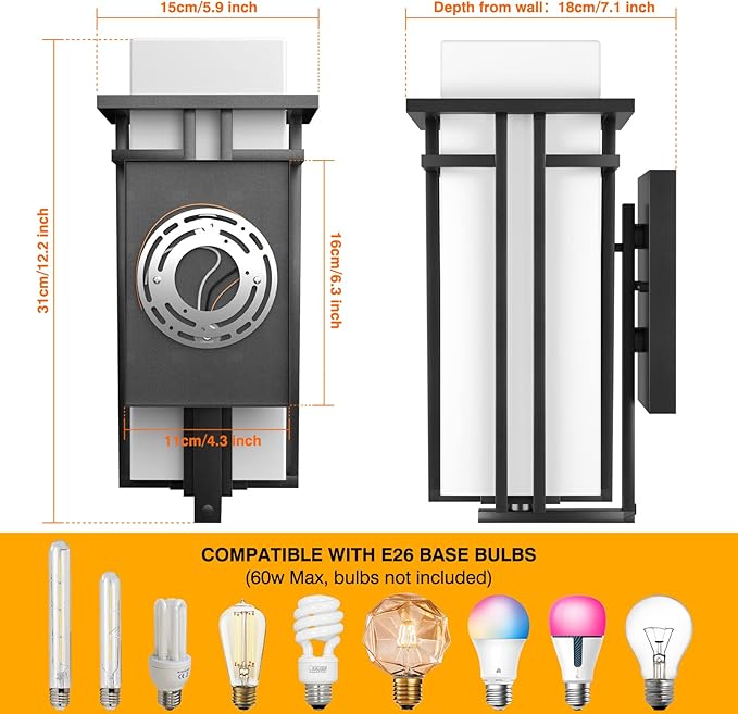 Outdoor Lighting Fixtures Wall Mount, Outdoor Wall Lights Modern with Frosted Glass, Aluminum Exterior Light for House Outdoor Wall Lantern for Garage Porch Carriage Patio (12.2''H, 1 pc)